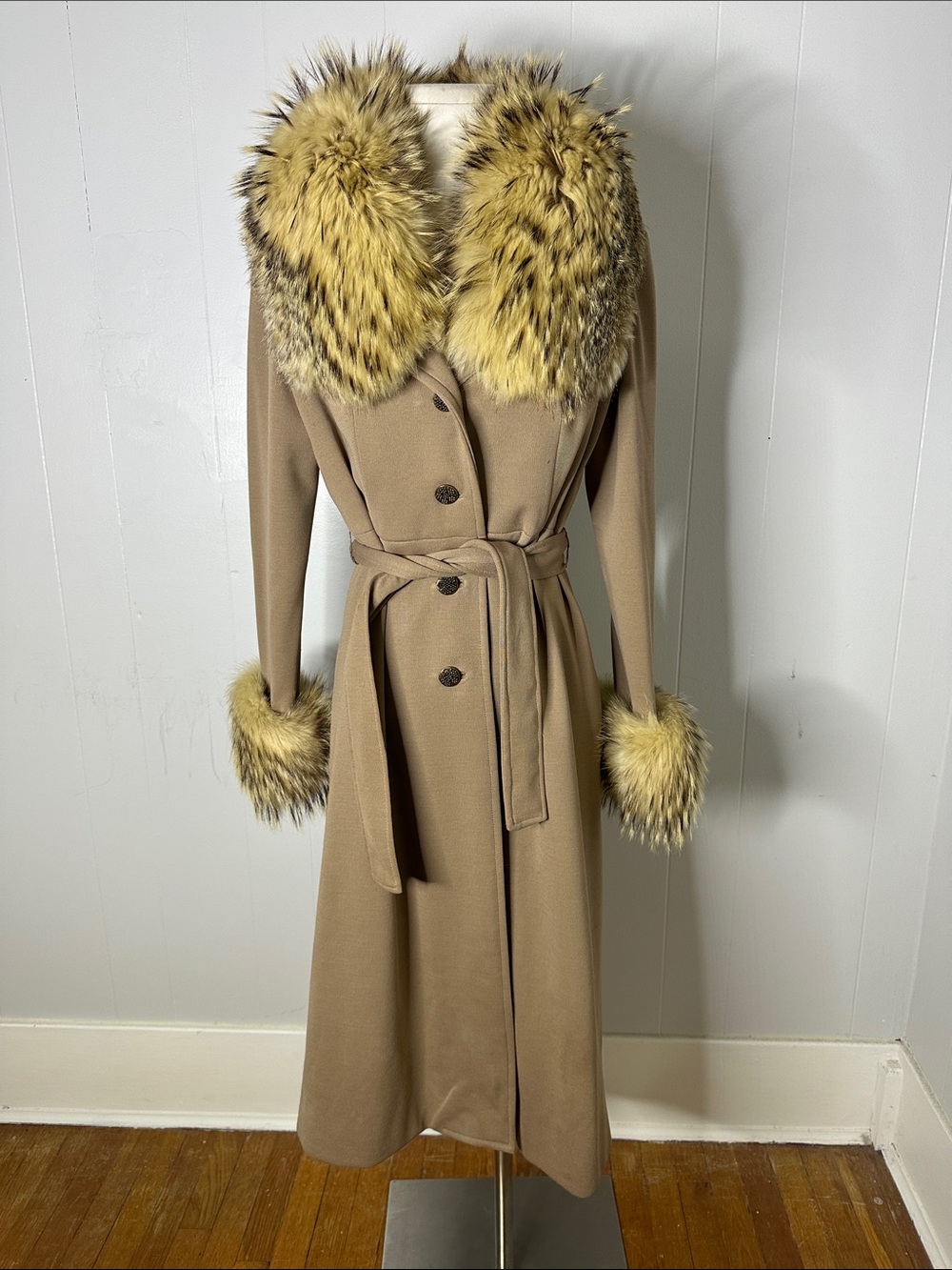 Vintage 70s Genuine Lush Fur Trimmed Belted  Coat